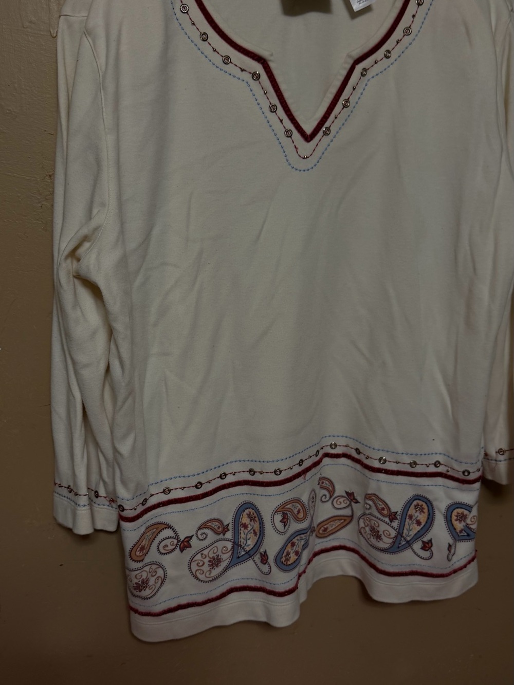 Alfred Dunner Cream Long-Sleeve Top with Paisley Embroidery